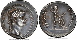 Tiberius (AD 14-37). AR denarius (18mm, 3.38 gm, 3h). NGC XF 4/5 - 3/5. Lugdunum, ca. AD 15-18. TI CAESAR DIVI-AVG F AVGVSTVS, laureate head of Tiberi...