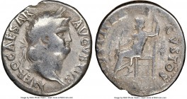 Nero (AD 54-68). AR denarius (19mm, 5h). NGC Fine, edge chip. Rome, ca. AD 64-65. NERO CAESAR-AVGVSTVS, laureate head of Nero right / IVPPITER-CVSTOS,...