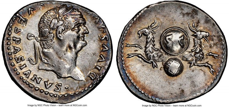 Divus Vespasian (AD 69-79). AR denarius (18mm, 3.32 gm, 6h). NGC Choice AU 4/5 -...