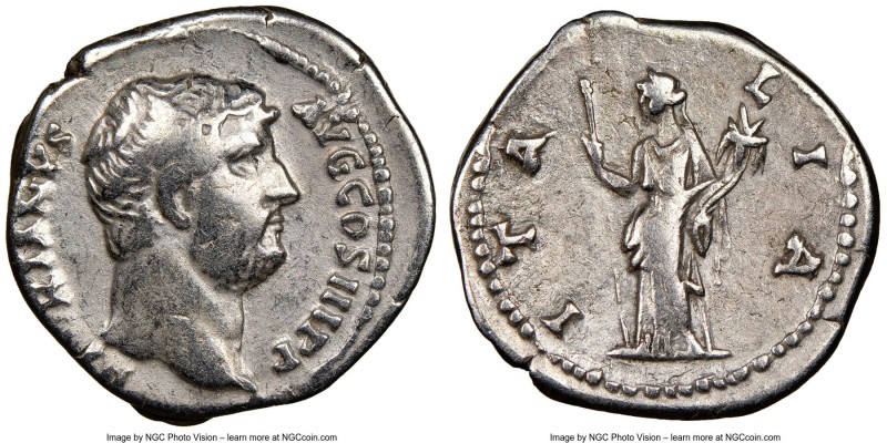 Hadrian (AD 117-138). AR denarius (18mm, 6h). NGC VF. HADRIANVS-AVG COS III P P,...