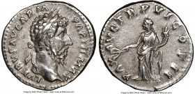 Lucius Verus (AD 161-169). AR denarius (19mm, 6h). NGC XF. Rome, AD 165/6. L VERVS AVG ARM PARTH MAX, laureate head of Verus right / PAX AVG TR P VI C...