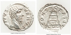 Lucius Verus (AD 161-169). AR denarius (19mm, 2.93 gm, 6h). XF. Rome, AD 169. DIVVS VERVS, bare head of Divus Lucius Verus right / CONSECRATIO, four-t...