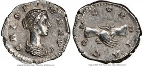 Crispina (AD 178-182/3). AR denarius (19mm, 12h). NGC Choice XF. Rome. CRISPINA-AVGVSTA, draped bust of Crispina right, seen from front, hair in round...