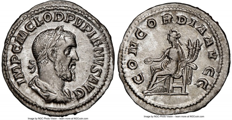 Pupienus (AD 238). AR denarius (20mm, 2.57 gm, 5h). NGC AU 4/5 - 4/5. Rome, Apri...