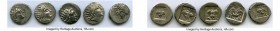 ANCIENT LOTS. Greek. Carian Islands. Rhodes. Ca. 88-84 BC. Lot of five (5) AR drachms. VF. Includes: (5) Plinthophoric standard, AR drachms. Various m...