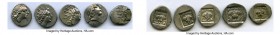 ANCIENT LOTS. Greek. Carian Islands. Rhodes. Ca. 88-84 BC. Lot of five (5) AR drachms. VF. Includes: (5) Plinthophoric standard, AR drachms. Various m...