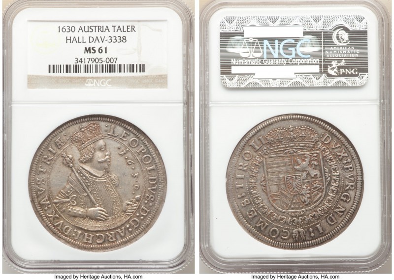 Archduke Leopold Taler 1630 MS61 NGC, Hall mint, KM629.2, Dav-3338. Well-struck ...