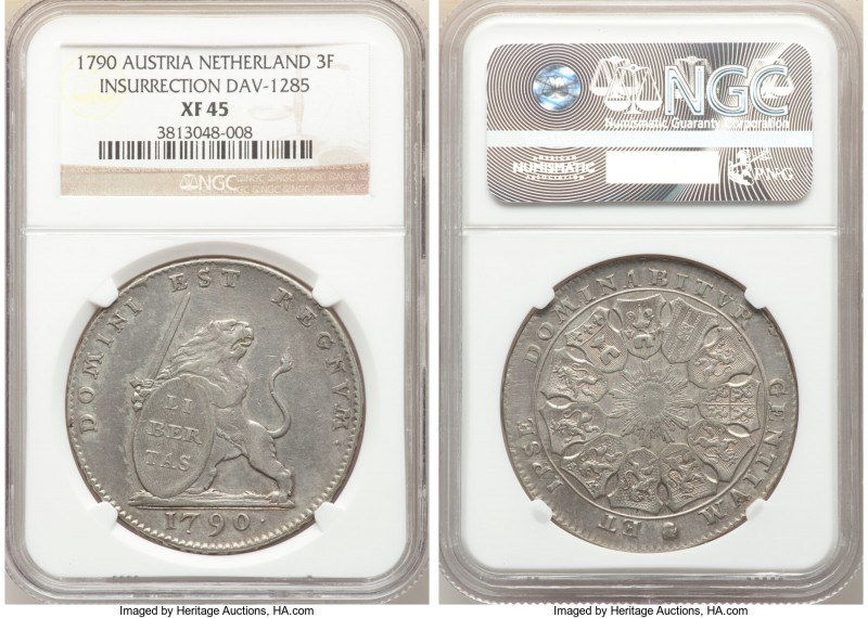 Insurrection 3 Florins 1790-(b) XF45 NGC, Brussels mint, KM50, Dav-1285. One yea...