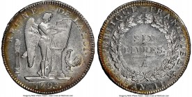 Republic 6 Livres L'An II (1793)-A AU58 NGC, Paris mint, KM624.1, Dav-1336. Lustrous with light ring of red and gold toning near edge, scratch below a...
