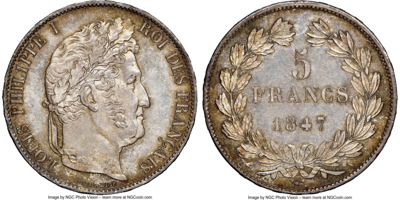 Louis Philippe I 5 Francs 1847-A MS64+ NGC Paris mint, KM749.1. Golden brown ton...