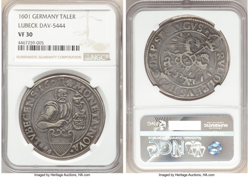 Lübeck. Free City Taler 1601 VF30 NGC, Dav-5444. With the name and titles of Rud...