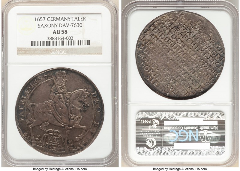Saxony. Johann Georg II Taler 1657-(Acorn) AU58 NGC, Dresden mint, KM481, Dav-76...
