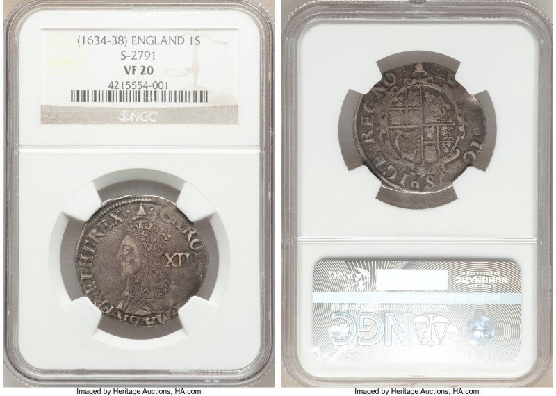 Charles I Shilling ND (1634-1638) VF20 NGC, Tower mint, Group D, Fourth bust, Ty...