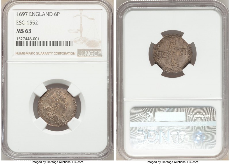 William III 6 Pence 1697 MS63 NGC, KM484.12, S-3531, ESC-1552. Pastel toning. 
...