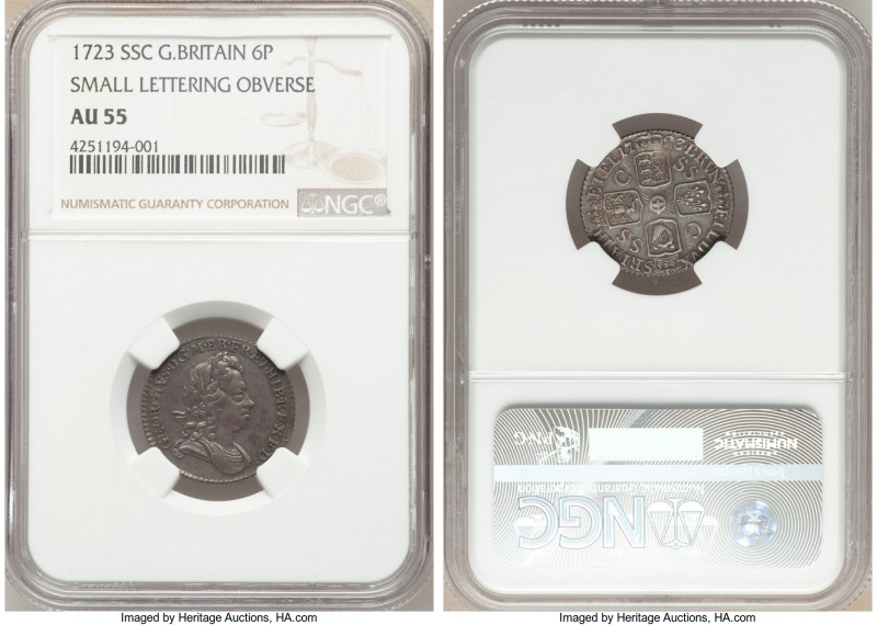 George I "South Sea Company" 6 Pence 1723-SSC AU55 NGC, KM553.2. Variety with sm...