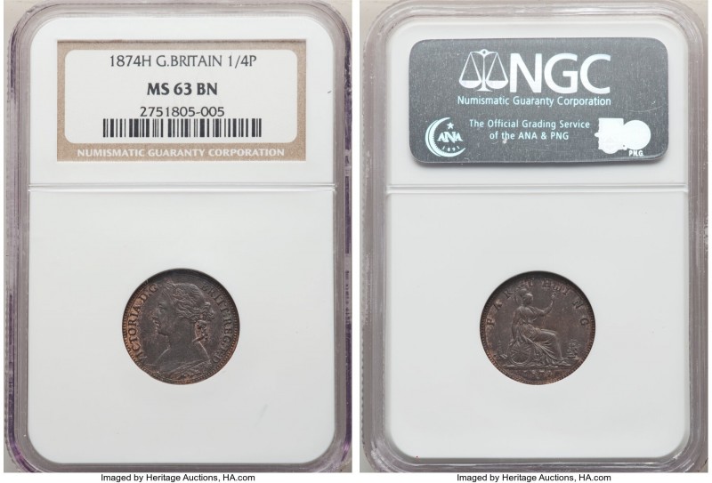 Victoria Farthing 1874-H MS63 Brown NGC, Heaton mint, KM753. 

HID09801242017...