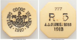 British Territory. J. Clunies Ross "Ivory" 5 Rupees Token 1913 XF, KM-Tn7. 30.7x31.0mm. 1.84gm. Non-metallic token coinage issued by J.S. Clunies Ross...
