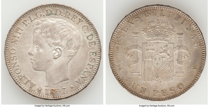 Spanish Colony. Alfonso XIII Peso 1897 AU (Surface Hairlines), KM154. 37.3mm. 24...