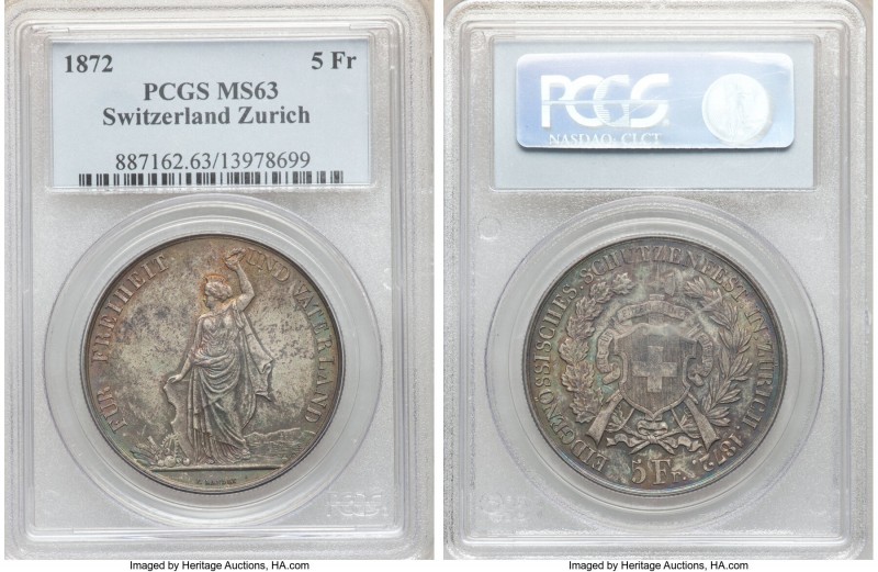 Confederation "Zurich Shooting Festival" 5 Francs 1872 MS63 PCGS, KM-XS11. Minta...