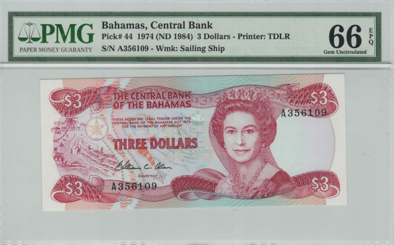 Bahamas - 3 Dollars - PMG 66EPQ - (1974) SN A356109