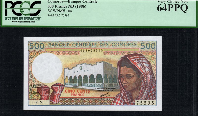 Comoros - 500 Francs - PCGS 64PPQ - (1986) Error - Inverted Watermark - Crescent...
