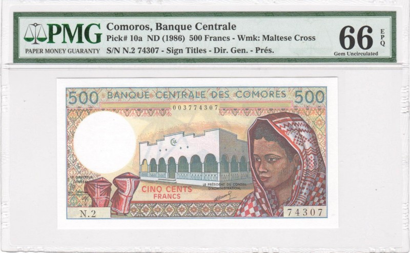 Comoros - 500 Francs - PMG 66EPQ - (1986) - Inverted Waternark Error