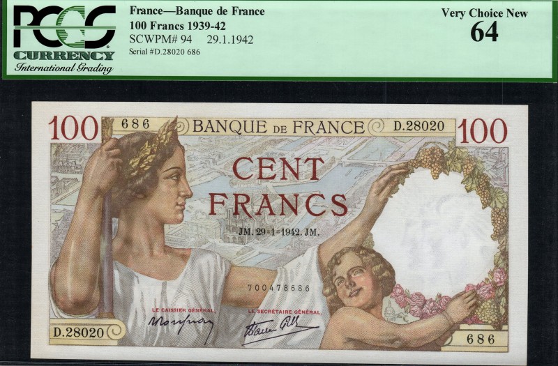 France - 100 Francs - PCGS 64 - (1939-1942) SN D.28020 686