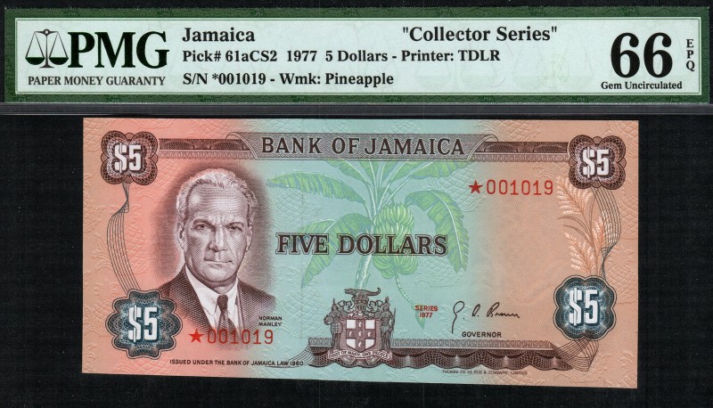 Jamaica - 5 Dollars - PMG 66EPQ - (1977) Collector Series SN 1019