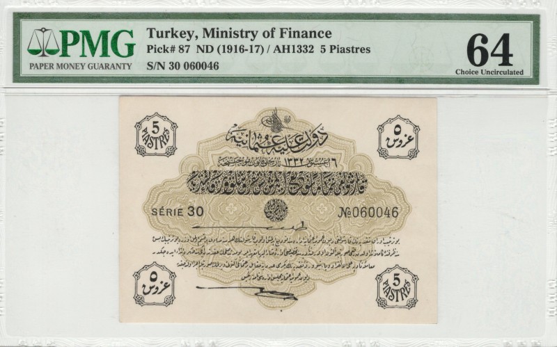 Turkey - Ottoman - 5 Piastres - PMG 64 - (1916-1917) SN 30 060046