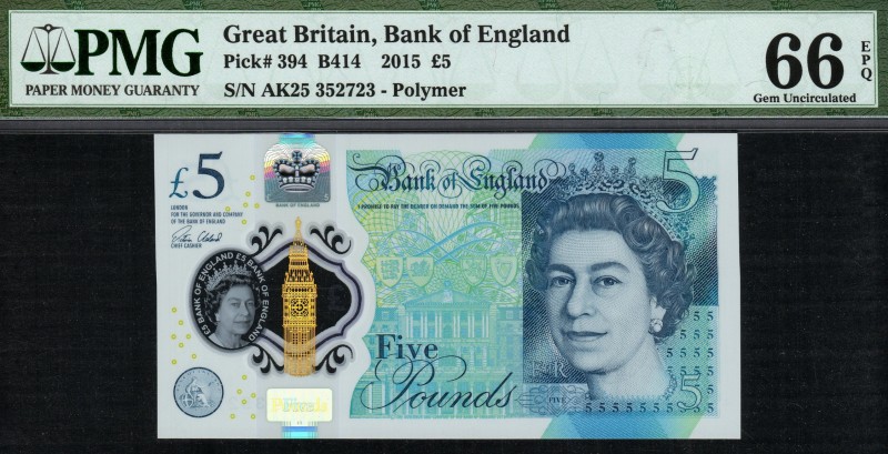 Great Britain - 5 Pounds - PMG 66EPQ - (2015) SN AK25 352723