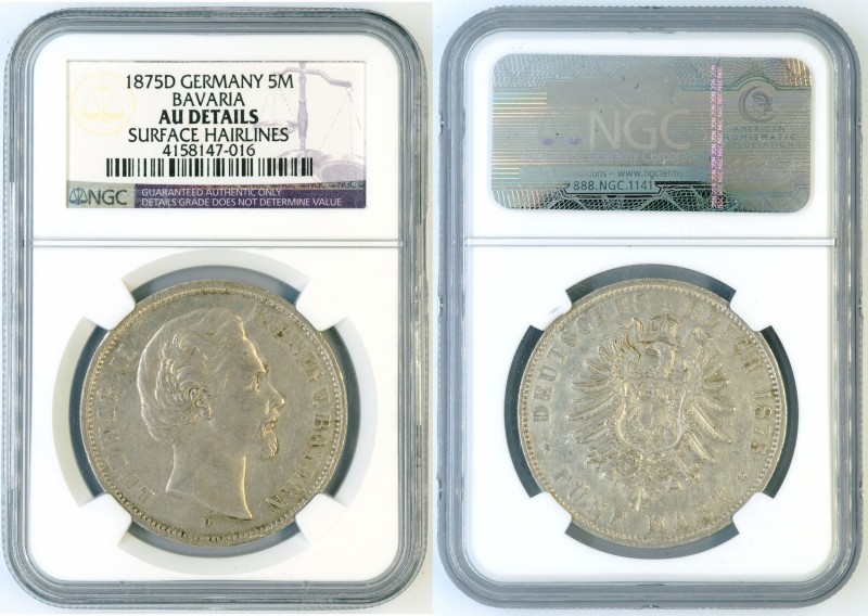 Germany - Bavaria - 5 Mark 1875 D - NGC AU DETAILS.. KM 896. Almost UNC. Better ...