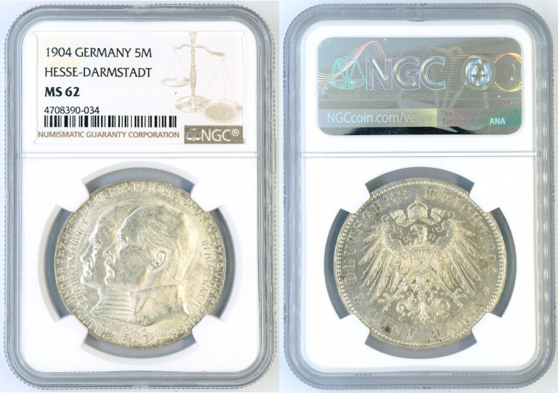 Germany - Hesse-Darmstadt - 5 Mark 1904 - NGC MS-62. KM 373. Lustrous BU. One ye...