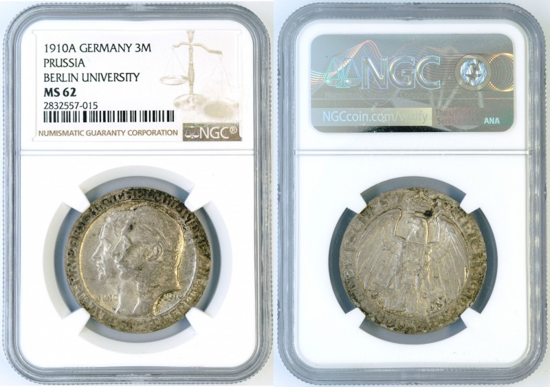 Germany - Prussia - 3 Mark 1910 A - NGC MS-62. KM 530. Lustrous and toned in pla...