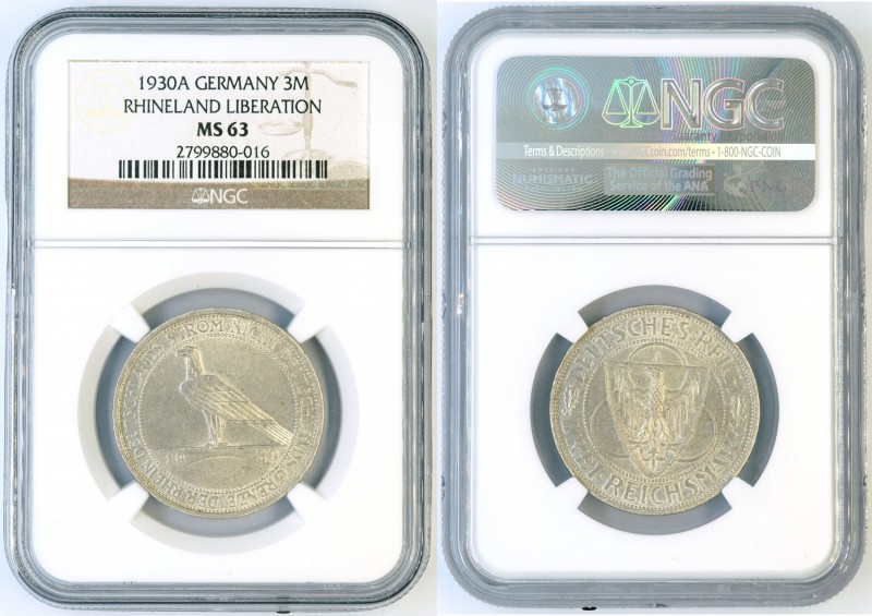 Germany - Weimar Republic - Rhineland - 3 Mark 1930 A - NGC MS-63. KM 70. Lustro...