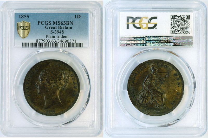 Great Britain - 1 penny 1855 - PCGS MS-63 BN. KM-739. Choice UNC, traces of surf...