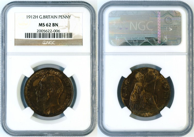 Great Britain - 1 penny 1912-H - NGC MS-62 BN. KM-810. Scarce variety with mintm...