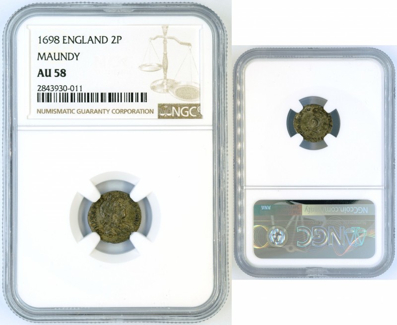 Great Britain - 2 pence 1698 - NGC AU-58. S-3551, KM 500.1. Nearly UNC Maundy co...