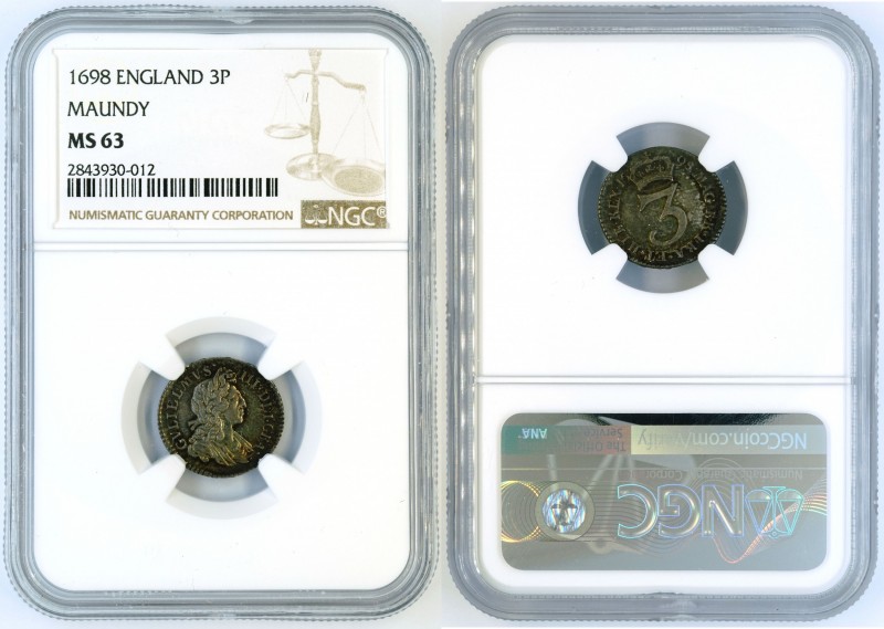 Great Britain - 3 pence 1698 - NGC MS63. S-3550. Brilliant UNC Maundy coin of Wi...