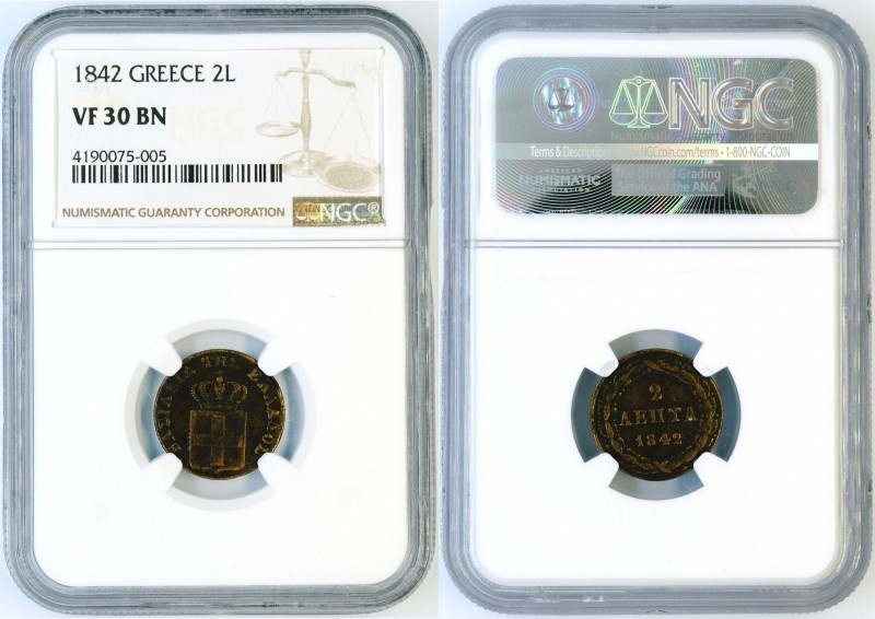 Greece - 2 Lepta 1842 - NGC VF-30. KM 14. Choice VF. Better date. CV ~$250.