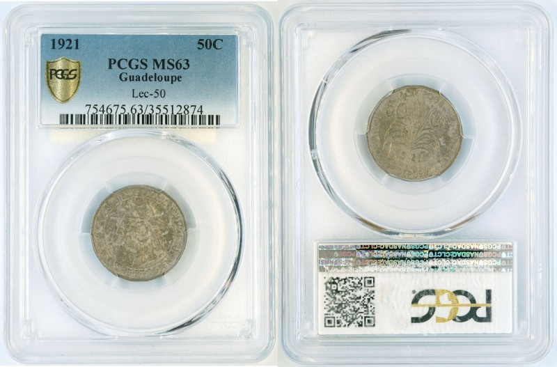 Guadeloupe - 50 C 1921 - PCGS MS-63. KM 45. Scarce in choice UNC, lustrous coin ...