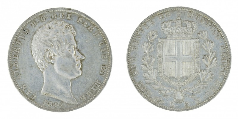 Italy - Sardinia - 5 lire 1842. KM-130.2. High grade silver crown, lustrous, jus...