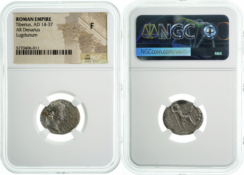 Roman Empire - AR Denarius - Tiberius - AD 14-37 - NGC F. Famous and very popula...