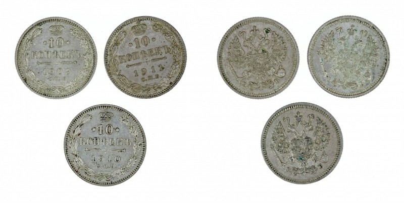 Russia - 10 kopeks trio 1909 - 1910 - 1911. All three are lustrous high grade pi...