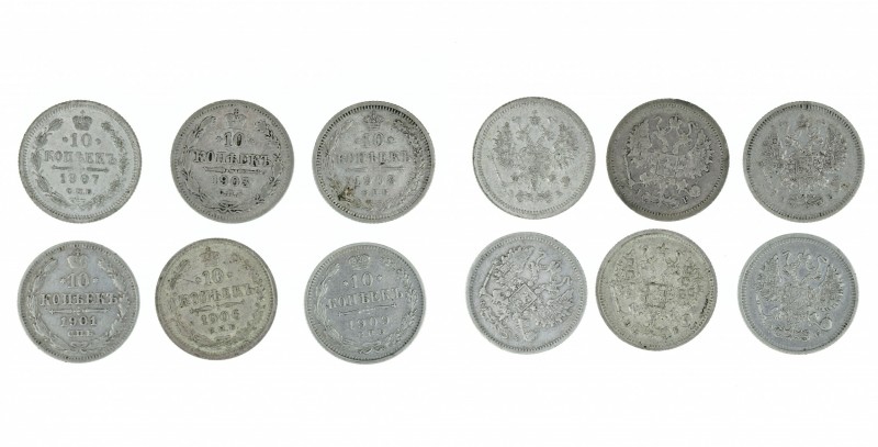 Russia - 6 silver 10 kopeks lot 1901-1909. Early Nicolas II silver, dates: 1901 ...