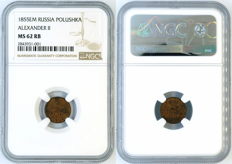 Russia - Polushka 1855 EM - NGC MS-62 RB. Nice UNC, lots of red luster. Alexande...