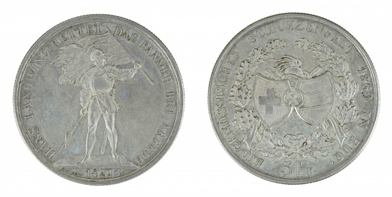 Switzerland - 5 francs shooting-Zug 1869. KM-S10. Scarce silver crown, only 6K w...