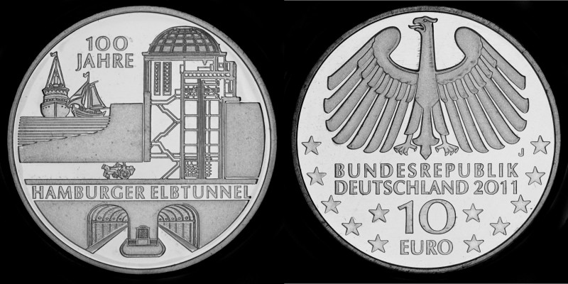 10 Euro 2011 Deutschland - Numisblatt 6/2011. 100 Years Hamburg Elbtunnel, Coppe...