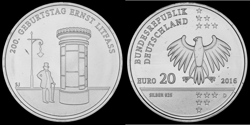 20 Euro 2016 Deutschland - Numisblatt 3/2016. 200th birthday of Ernst Litfass, S...