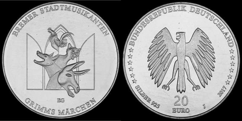 20 Euro 2017 Deutschland - Numisblatt 1/2017. Bremer Stadtmusikanten, Silver, 18...