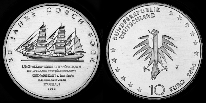 10 Euro 2008 Deutschland - Numisblatt 4/2008. 50 years sailing training ship "Go...